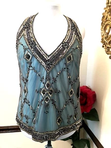 NUEVO CON ETIQUETAS SCALA Lentejuelas Cuentas Halter Top - AZUL - Bordado a Mano - RARO - Imagen 1 de 24