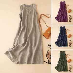 Women Summer Beach Holiday Tank Sundress Sleeveless Loose A-Line Long Dress Plus - Picture 1 of 11