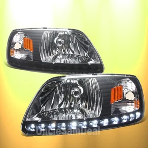 FOR 97-03 FORD F150 BLACK HEADLIGHTS 1 PIECE STYLE w/LED PARKING LIGHTS L+R PAIR - Picture 1 of 7