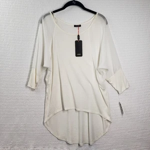 Sabra Top Damen Medium weiß U-Boot-Ausschnitt transparent Hi-Lo Tunika Y2k Lagenlook Bohemian - Bild 1 von 18