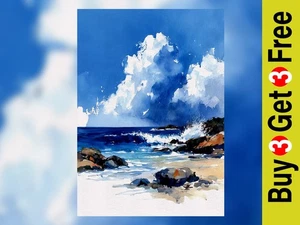 Rocky Beach Waves 5"x7" Print on Matte Paper | Watercolor Painting Artwork - Picture 1 of 21