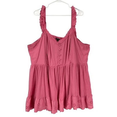 Camiseta sin mangas Babydoll rosa tórrido bordado ojales con volantes y correa talla 4X Foto 1 de 4