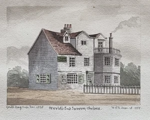1858 Watercolour World's End Tavern Chelsea London signed W.P.S after 1828 print - Imagen 1 de 5