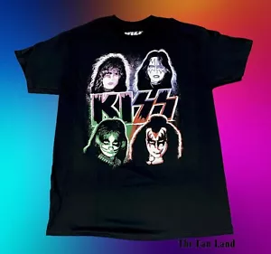 New Kiss Band Faces Art Album Mens Black Vintage T-Shirt - Picture 1 of 2
