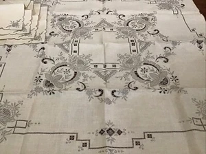 "Mantel de lino cuadrado 34"" y 4 servilletas vintage Madeira bordado a mano nuevo" - Imagen 1 de 11