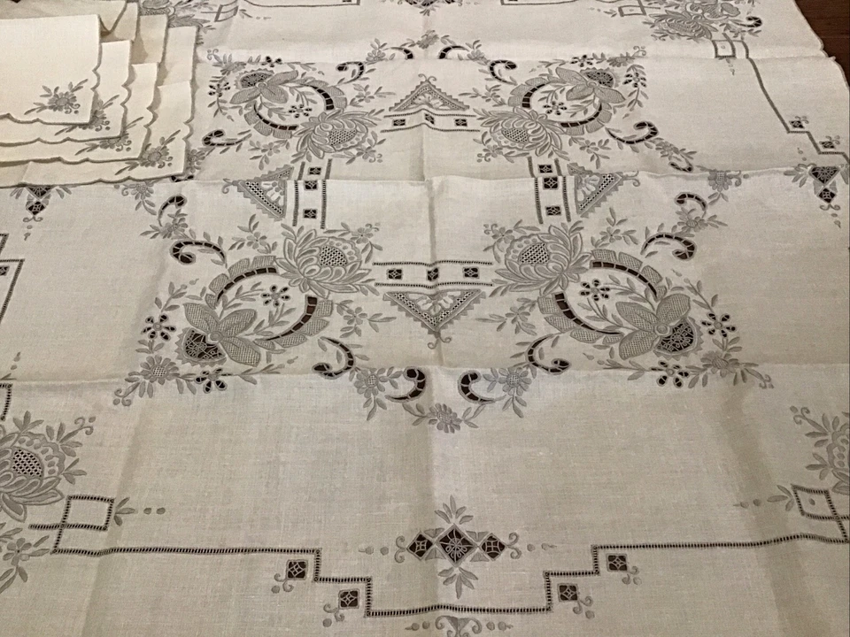 "Mantel de lino cuadrado 34"" y 4 servilletas vintage Madeira bordado a mano nuevo" - Imagen 1 de 4