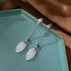 I02 Boucle D'Oreille En Argent 925 Feuille Blanche Jade À Petit - Bild 1 von 6