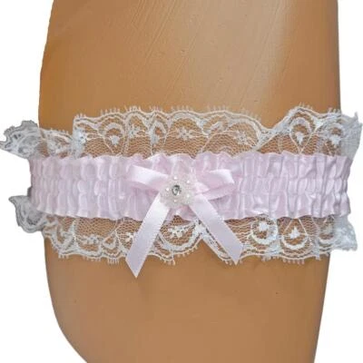 Satin Leg Garter Lace Ruffle Trim Mini Bow Faux Jewel Flower Accent Pink 3555 - Image 1 of 2