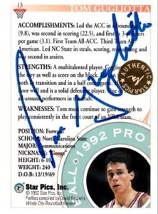 Tom Gugliotta certified autograph auto North Carolina State 1992 Star Pics card