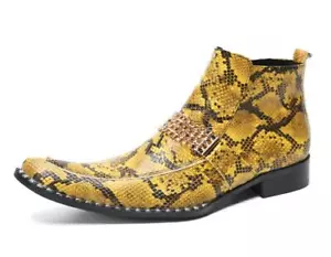 Stivaletti alla moda uomo punta quadrata catena in metallo serpentina scarpe da festa in pelle - Foto 1 di 8