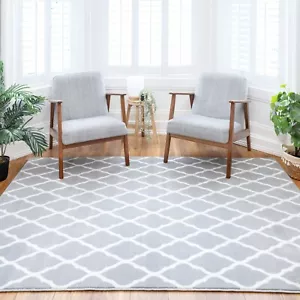 SALE Neutral Modern Trellis Silver Grey Living Room Large Runner Rug Cheap - Picture 1 of 17