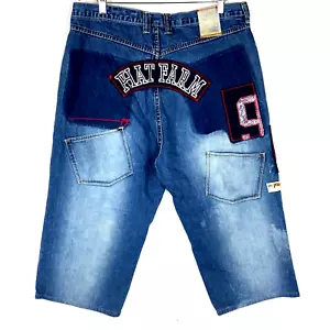 Vintage Y2K Phat Farm Denim Jean Long Shorts 38 Blue Medium Wash Patchwork - Picture 1 of 10