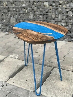 Oval coffee table in walnut and blue epoxy resin 62cm × 43cm - Image 1 of 4