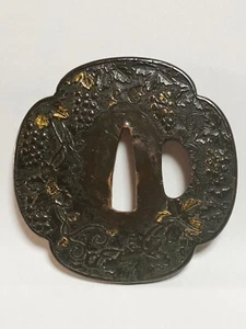 Japanische antike Samurai TSUBA Katana Schwert Griff Blume Gold Inlay (e96)ハ - Bild 1 von 12