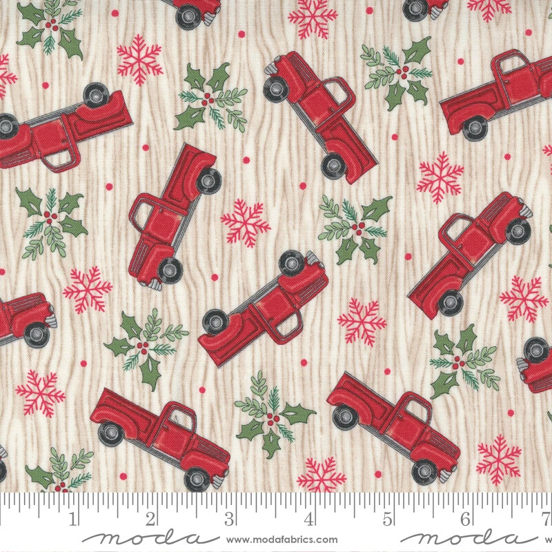 Christmas Fabric Moda Home Sweet Holiday Deb Strain Red Pickup Truck Beige YARD - Image 1 of 1