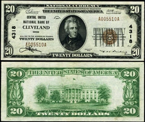 Cleveland OH-Ohio $20 1929 T-1 National Bank Note Ch #4318 Central United NB Cho - Picture 1 of 3