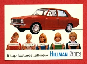 1960s 5 top features of new HILLMAN MINX postcard BRITISH advertising motorcar - Foto 1 di 2
