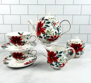 Grace Teaware Cream, Sugar, Teapot, Teacup Set  Poinsettia And Berries Christmas - Picture 1 of 12