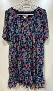Justice Girl’s Navy & Pink Floral Flowy SS Sleeve w/Rhinestones Dress Size 10 - Picture 1 of 8