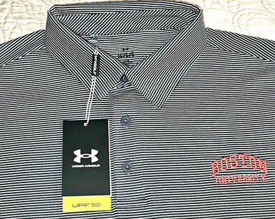 NEW UNDER ARMOUR, MENS LARGE, BOSTON UNIVERSITY TERRIERS STRIPED POLO, MSRP $75! - Image 1 of 4