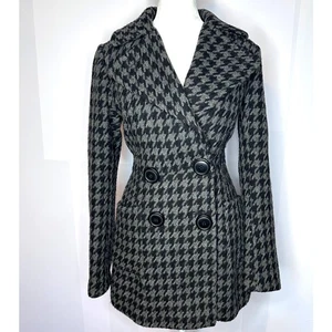 Bar III Black Houndstooth XS Double Breasted Wool Blend Women's Pea Coat Jacket - Picture 1 of 8