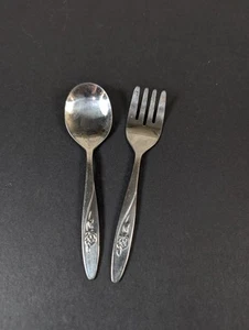 Vintage Childs Silverware Set Evenflo Lasting Rose Spoon Fork Pair - Picture 1 of 7