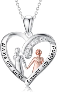 Sister Heart Pendant Necklace Gifts for Women Her CZ 925 Sterling Silver Jewelry - Picture 1 of 8