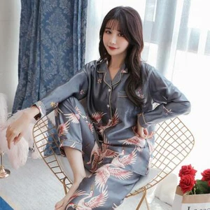Damen Seide Satin Pyjama Set Langarm Knopfleiste Nachtwäsche Homewear Plus Pj - Bild 1 von 35