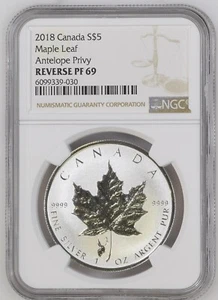 2018 Canada $5 Dollars Silver Ounce Maple Leaf Antelope Privy NGC Reverse PF 69 - Picture 1 of 2