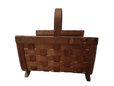 Vintage Shaved Oak Wood Weave Log Magazine Basket Footed w/Handle 17x14 Cover