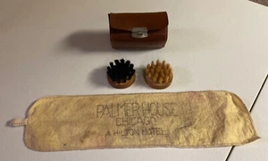 Round Shoe Shine Case W/2 Brushes & Palmer House Chicago Cloth Made In England - Picture 1 of 12