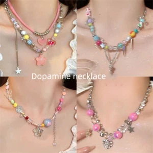 Y2K Style Dopamine Beaded Necklace Sweet Clavicle Necklace Star Love Pendant - Picture 1 of 11