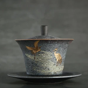 Antique Style Porcelain Gaiwan Handmade Crane Relief Tureen Cup Bowl Set Saucer - Picture 1 of 4
