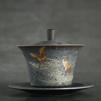 Juego de platillo taza puré relieve grúa hecha a mano porcelana estilo antiguo Gaiwan Foto 1 de 4