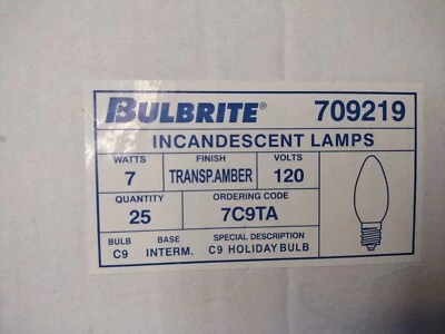 Bulbrite 7W 120V - Transp Amber Bulbs Box of (25) NEW Holiday Bulbs 709219 7C9TA - Image 1 of 4