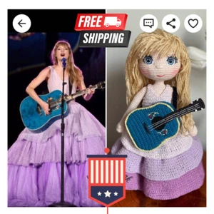 Taylor Swiftie Doll with guitar Era tour Organic crochet amigurumi 16 inc - Picture 1 of 5