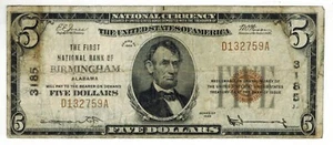 1929 $5 THE FIRST NATIONAL BANK OF BIRMINGHAM Alabama Charter #3185 - Picture 1 of 2