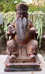 Antike chinesische Tempel Reichtum Gott geschnitzt vergoldet Holz Buddha Statue 19. Jahrhundert - Bild 1 von 24