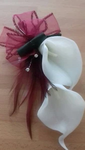 Wedding flower White Calla Lily,Feathers,Diamante,Organza Bow,Corsage,buttonhole - Picture 1 of 8