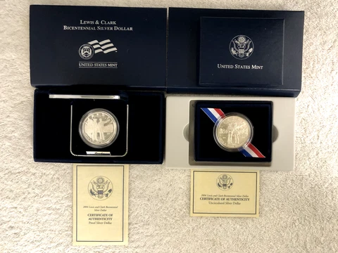 Complete Set (2) of 2004 Lewis and Clark Prf/Unc Commemorative Silver Dollars Cover