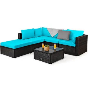 6PCS Patio Rattan Furniture Set Cushioned Sectional Sofa Turquoise - Picture 1 of 8