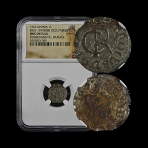 LIVONIA. 1663, 1 Solidus, Silver - NGC UNC - Carl XI, Sweden, Riga, Keys - Picture 1 of 5