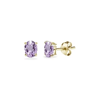Gold Flashed Sterling Silver Amethyst 5x3mm Oval-Cut Solitaire Stud Earrings - Picture 1 of 3