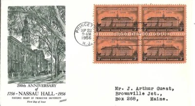 1956 NASSAU HALL Princeton University Campus Landmark Block of Four Engraved FDC - Image 1 of 4