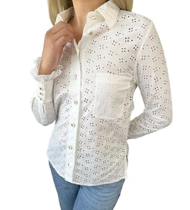 CHANEL Vintage CC Mark Logo Punching Shirt Top #34 Blouse White Cotton Rank AB+ - Picture 1 of 10