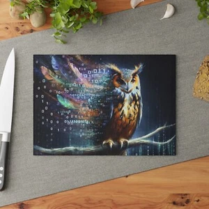 Digital Owl Glass Cutting Board, Tech-Inspired Kitchen Decor, Unique Gift - Picture 1 of 13