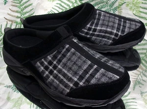 EASY SPIRIT COOL BLACK LEATHER TEXTILE PLAID MULES SLIP ONS SHOES WOMENS SZ 8 M - Picture 1 of 10