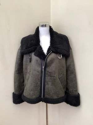 Womens Bomber Jacket Green Faux Leather With Black Faux Fur Trim Full Zip - Image 1 of 4