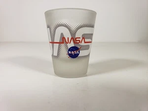 NASA Round Frosted Shot Glass Red White and Blue Lettering Good Condition - Picture 1 of 10