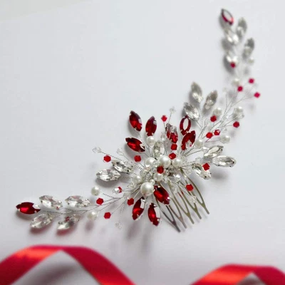 Aimimier Bridal Red Crystal Hair Comb Ruby Hair Vine with Comb Pearl Hair Piece  - Image 1 of 4